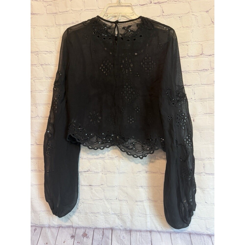 Zara ZW Collection Black Embroidered Beaded Blouse M Chiffon Sequin Crop Top - Picture 3 of 11